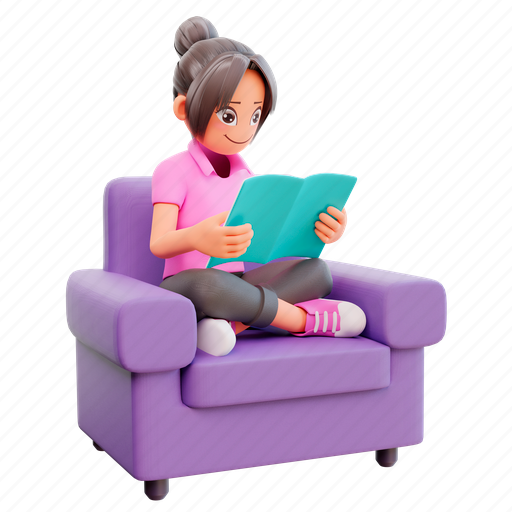 Cute, girl, studying, book, sofa, female, woman 3D illustration - Download on Iconfinder