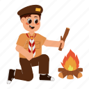 boy, scout, wood, campfire, adventure, camping, school, student, kid