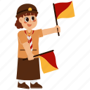 cute, scout, girl, semaphore, flag, kid, child, character, school