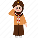 girl, hijab, saluting, kid, character, person, scout, school, student
