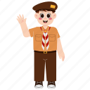 happy, boy, scout, waving, kid, character, expression, education, school