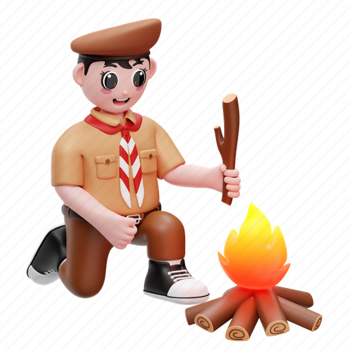 Boy, scout, wood, campfire, character, person, expression 3D illustration - Download on Iconfinder