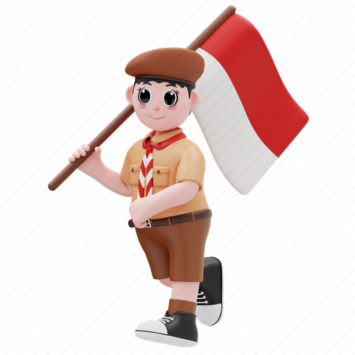 Boy, scout, uniform, indonesian, flag, student, cartoon 3D illustration - Download on Iconfinder