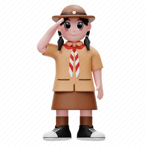 Cute, girl, scout, child, saluting, character, cartoon 3D illustration - Download on Iconfinder
