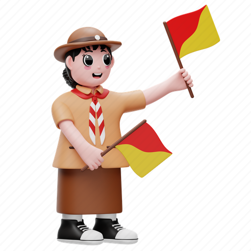 Cute, scout, girl, flag, character, person, expression 3D illustration - Download on Iconfinder