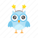 enthusiastic, blue, eyes, flat, icon, owl, funny, element, bird
