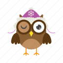 hat, winks, brown, flat, icon, owl, funny, element, bird