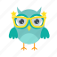 glasses, blue, cartoon, accessory, flat, icon, owl, funny, element 