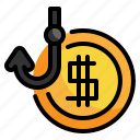 cash, steal, cyber, hook, crime, money, currency, security icon