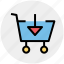 arrow, cart, down, download, move, shopping 
