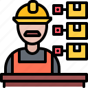 storekeeper, helmet, box, man, table, shipping, delivery, logistics