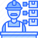 storekeeper, helmet, box, man, table, shipping, delivery, logistics