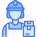 storekeeper, helmet, box, woman, shipping, delivery, logistics