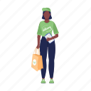 courier woman, green uniform, eco service, delivery worker