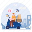 man, deliver, motorcycle, scooter, delivery, shipping, motorbike, courier, box