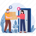 woman, receiving, parcel, communication, delivery, package, courier, box, mobile
