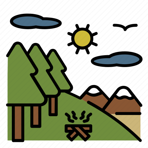 Bonfire, camping, forrest, hills, mountain, outdoor, tent icon - Download on Iconfinder