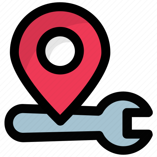 Industrial area, industrial zone, location settings, map pointer wrench, navigation services icon - Download on Iconfinder
