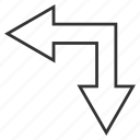 bifurcation arrow, choice, connection, divide, left down, navigation, split arrows