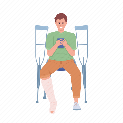 Broken leg, looking at phone, traumatology, smiling man illustration - Download on Iconfinder