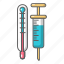 aid, analyze, blue, care, cartoon, syringe, thermometer 
