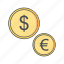 coins, dollar, euro 