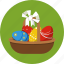 basket, eggs, ribbon 