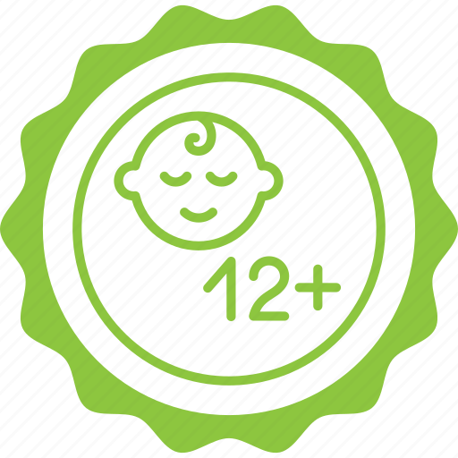 Months, baby, label, stamp, green, 12+ baby friendly icon - Download on Iconfinder