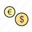 dollar, euro, coins 