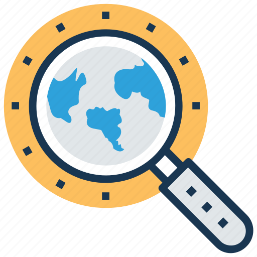 Discovery, find location, global search, global view, globe with magnifier icon - Download on Iconfinder