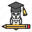 cap, education, hat, knowledge, owl, pen, pensil 