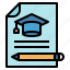 cap, document, education, file, graduation, pen 