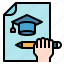 cap, document, education, file, graduation, hand, pencil 