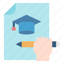 cap, document, education, file, graduation, hand, pencil