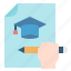 cap, document, education, file, graduation, hand, pencil 