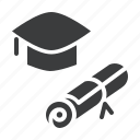 certificate, degree, diploma, graduation, hat, mortarboard, scroll
