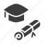 certificate, degree, diploma, graduation, hat, mortarboard, scroll 
