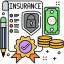 insurance, pencil, dollar, coins, badge, paper 