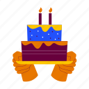 holding birthday cake, candle, birthday cake, cake, hand gesture, surprise, birthday party, celebration 