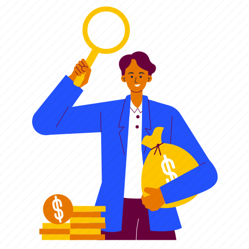 Investor, businessman, money bag, salary, profit, search, magnifier illustration - Download on Iconfinder