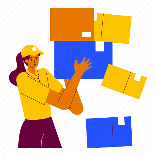 Busy delivery workers, chaotic, overload, overwork, tired, female courier, falling boxes icon - Download on Iconfinder