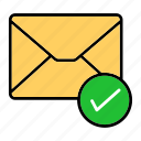 approve, email, envelop, hand, letter, message, tick