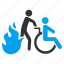 burn, evacuation, fire exit, flame, invalid person, patient chair, wheelchair 