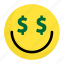 emoji, face, feeling, finance, happy, money, smile 