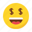 dollar, emoji, emoticon, happy, money, smile 