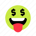 dollar, money, bill, tongue, emoji, smiiley, emoticon