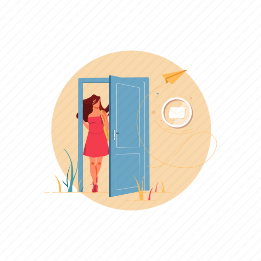View, message, door, enter, woman illustration - Download on Iconfinder