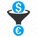currency conversion, dollar, euro, exchange, filter, funnel, money 