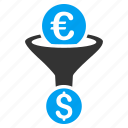 currency conversion, dollar, euro, exchange, filter, funnel, money 