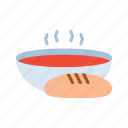 bread soup, stuffed bread, bread bowl, stuffed loaf, filled bread, bread, dish, soup